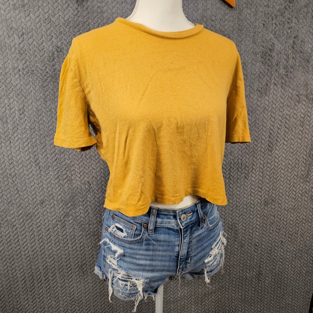 Aeropostale Mustard Yellow 80s Boxy Cropped Tee Womens Small Short Sleeve Shirt